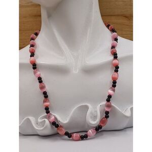 Black Bead & Pink Cats Eye Glass Beaded Vintage Necklace, Black Pink Necklace